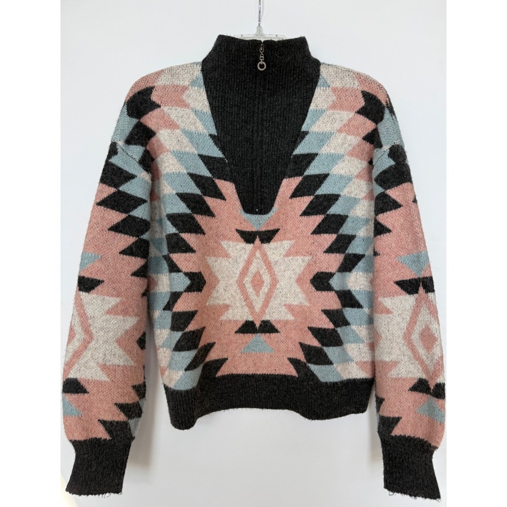 Willow‎ & Root Southwest Aztec Zip Knit Sweater Large Pink Blue Gray Tribal Boho